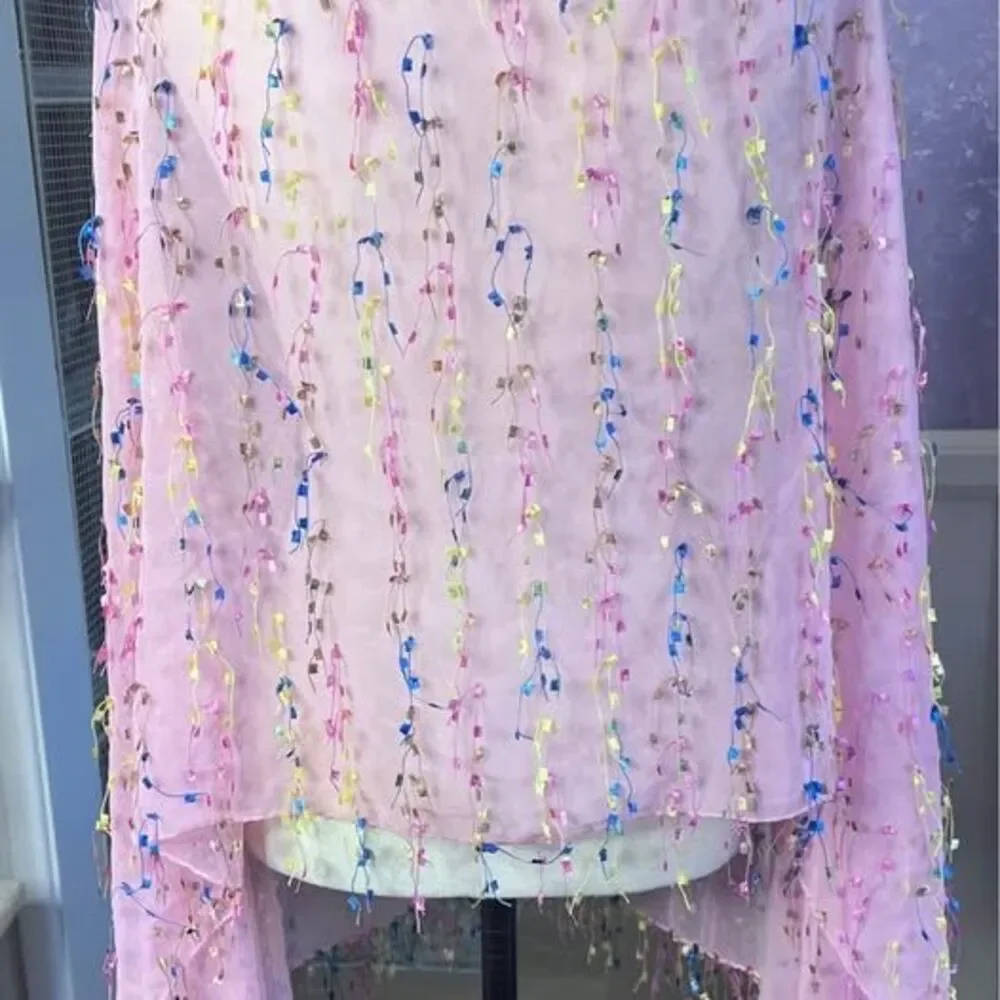 100% SILK Scarf, Baby Pink with Colorful Tassels